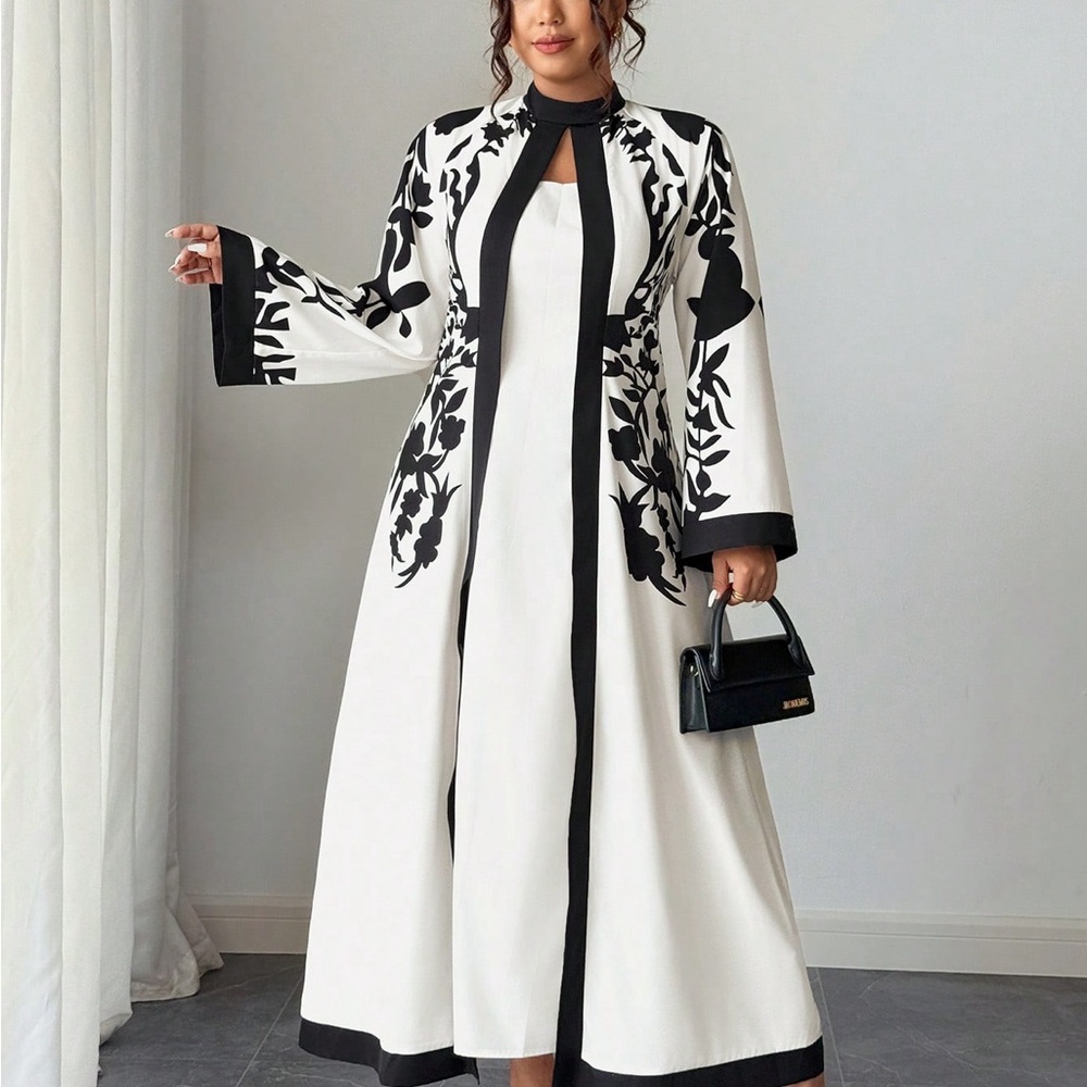 1Pc Elegant Black And White Maxi Dress